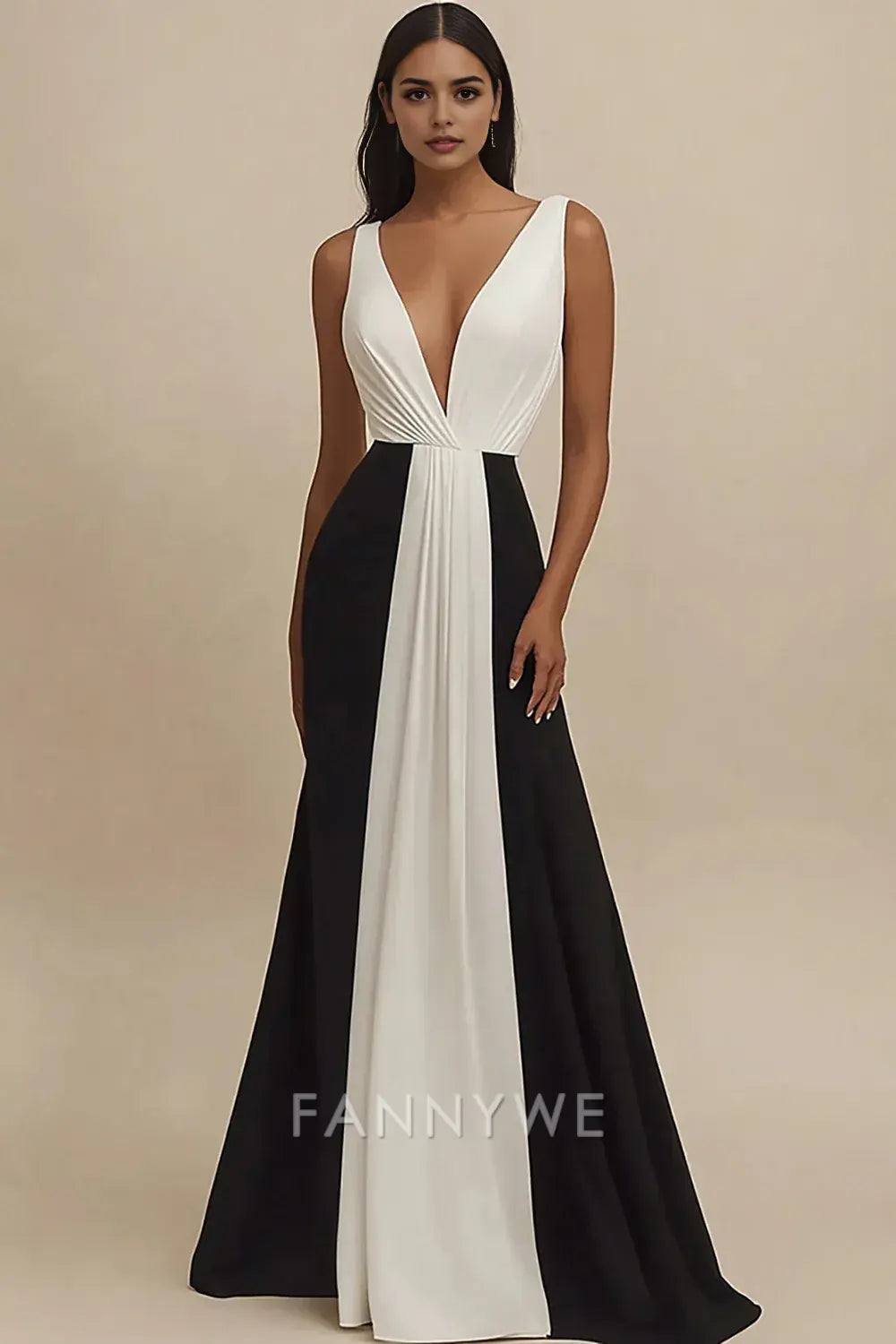 FannyWe Simple Black and White Deep V-Neck Sheath Long Formal Dress